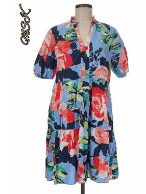 MSK Navy and Sky Blue Floral Tiered Shorter Dress with Red/Coral/Pink Blooms